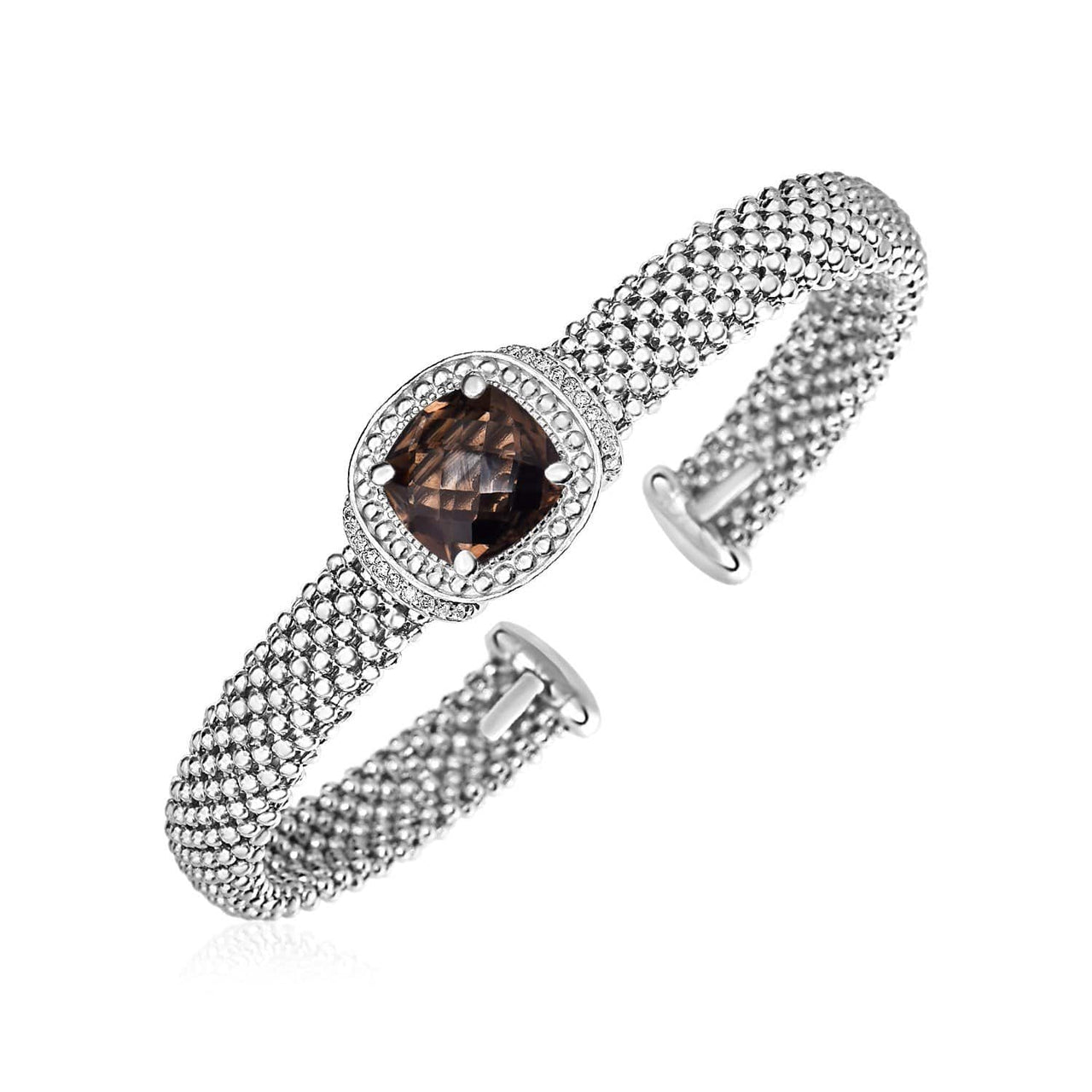 Popcorn Texture Cuff Bangle with Smokey Quartz and Diamonds in Sterling Silver Bangles Angelucci Jewelry   