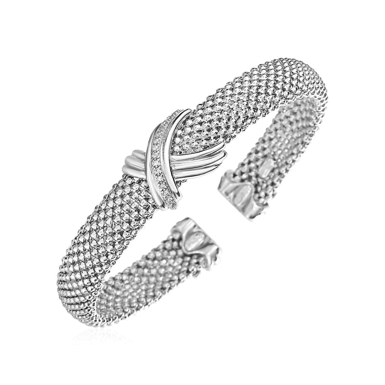 Popcorn Texture Cuff Bangle with X Motif and Diamonds in Sterling Silver Bangles Angelucci Jewelry   