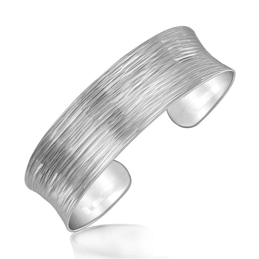 Sterling Silver Rhodium Plated Concave Cuff with Diamond Cuts Bangles Angelucci Jewelry   