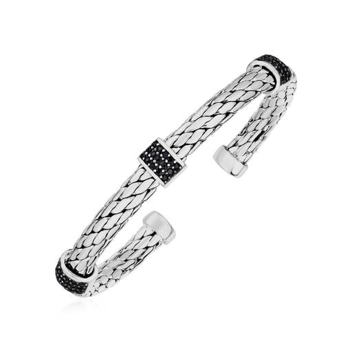 Woven Rope Cuff Bangle with Black Sapphire Accents in Sterling Silver Bangles Angelucci Jewelry   