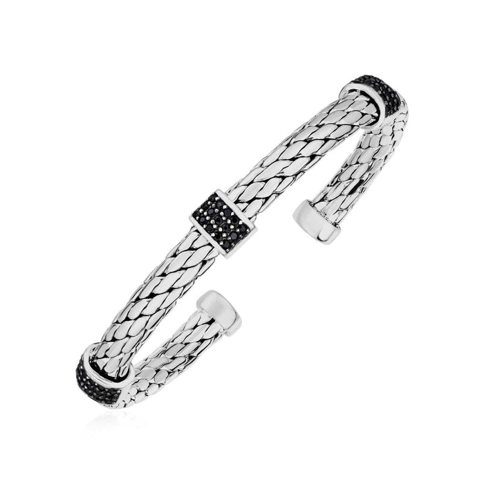 Woven Rope Cuff Bangle with Black Sapphire Accents in Sterling Silver Bangles Angelucci Jewelry   