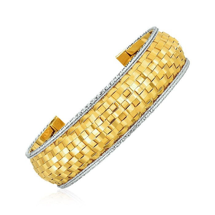 Cuff Bangle with Basket Weave Texture in 14k Yellow and White Gold Bangles Angelucci Jewelry   