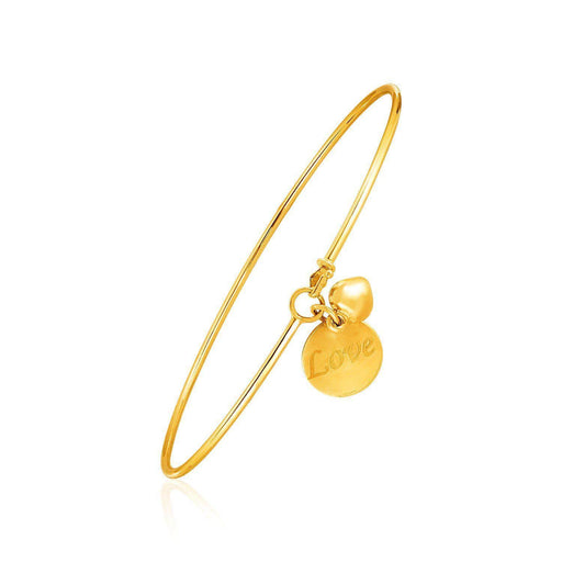 14k Yellow Gold Bangle with Engraved inchesLove inches and Puffed Heart Charms Bangles Angelucci Jewelry   