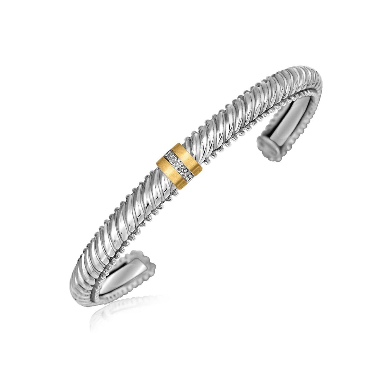 18k Yellow Gold and Sterling Silver Italian Cable Open Bangle with Diamonds Bangles Angelucci Jewelry   