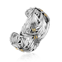 Thumbnail for 18k Yellow Gold and Sterling Silver Thick Cuff with Leaf and Dragonfly Motifs Bangles Angelucci Jewelry   