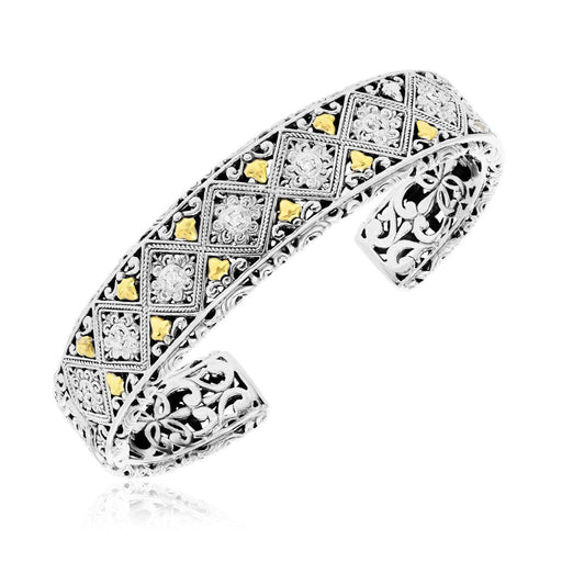 18k Yellow Gold & Sterling Silver Byzantine Diamond Embellished Open Cuff Bangles Angelucci Jewelry   