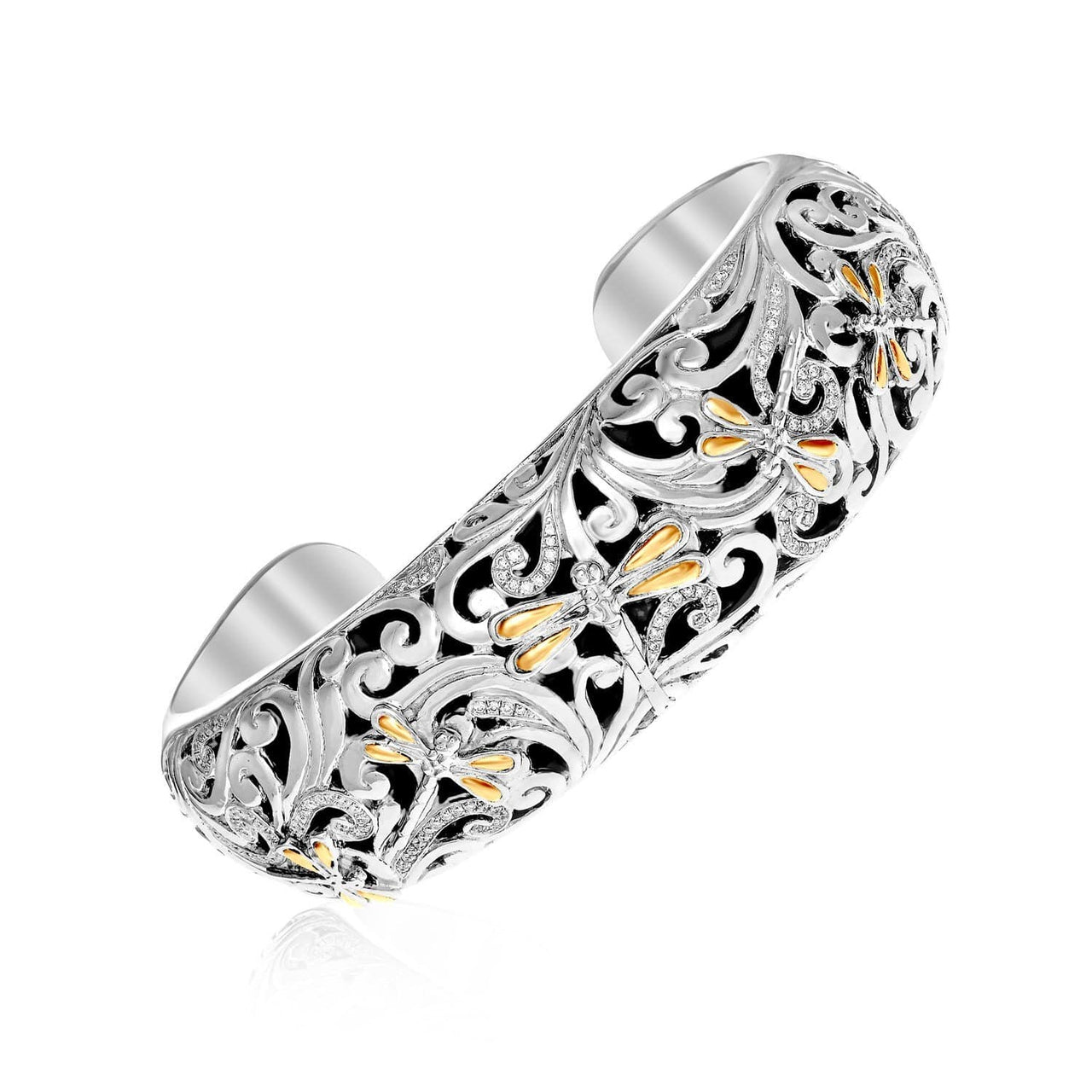 18k Yellow Gold & Sterling Silver Diamond Accent Dragonfly Cuff Bangle Bangles Angelucci Jewelry   