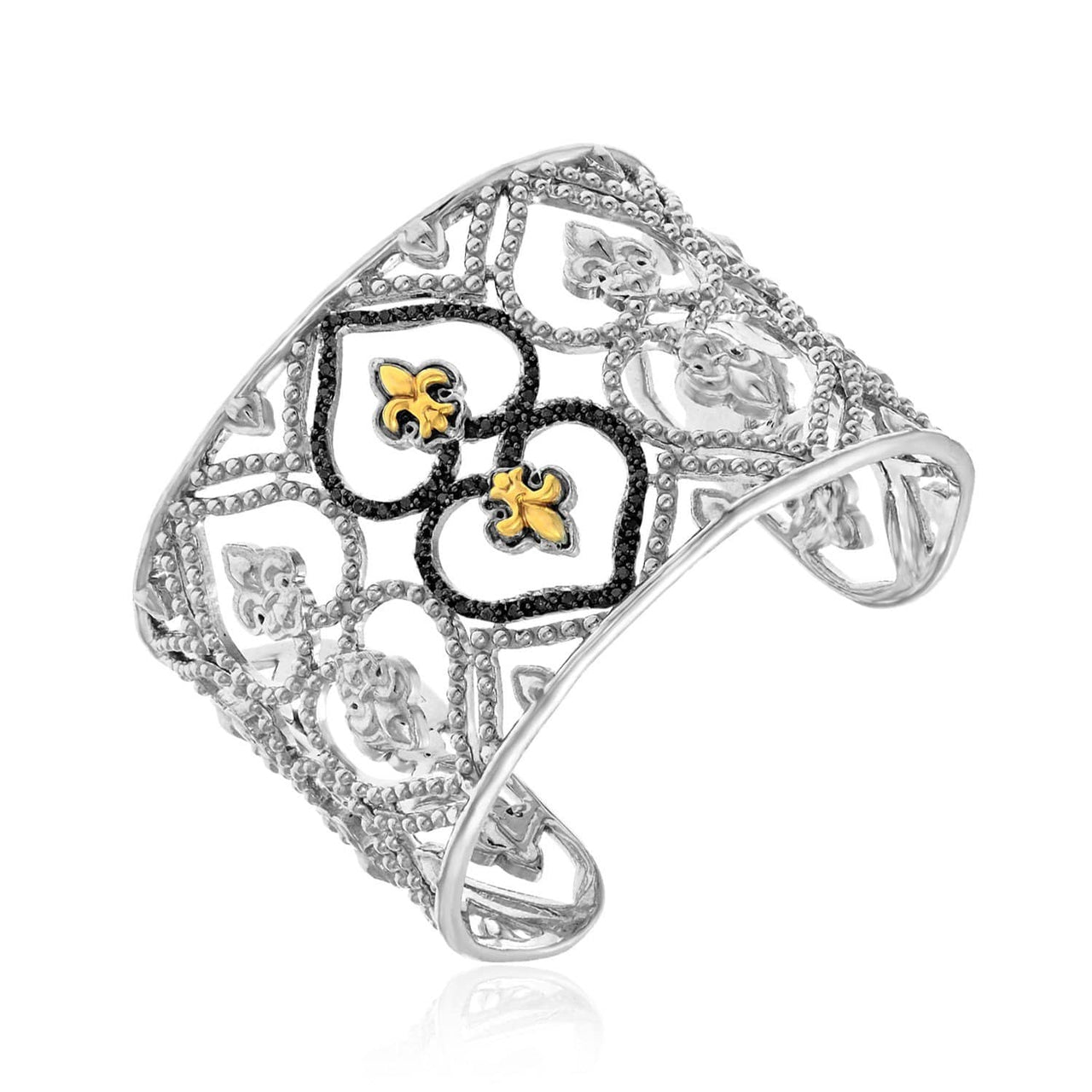 18k Yellow Gold & Sterling Silver Open Byzantine Style Cuff with Black Diamonds Bangles Angelucci Jewelry   
