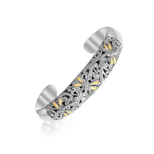 18k Yellow Gold & Sterling Silver Slim Open Bangle with Dragonfly Motifs Bangles Angelucci Jewelry   