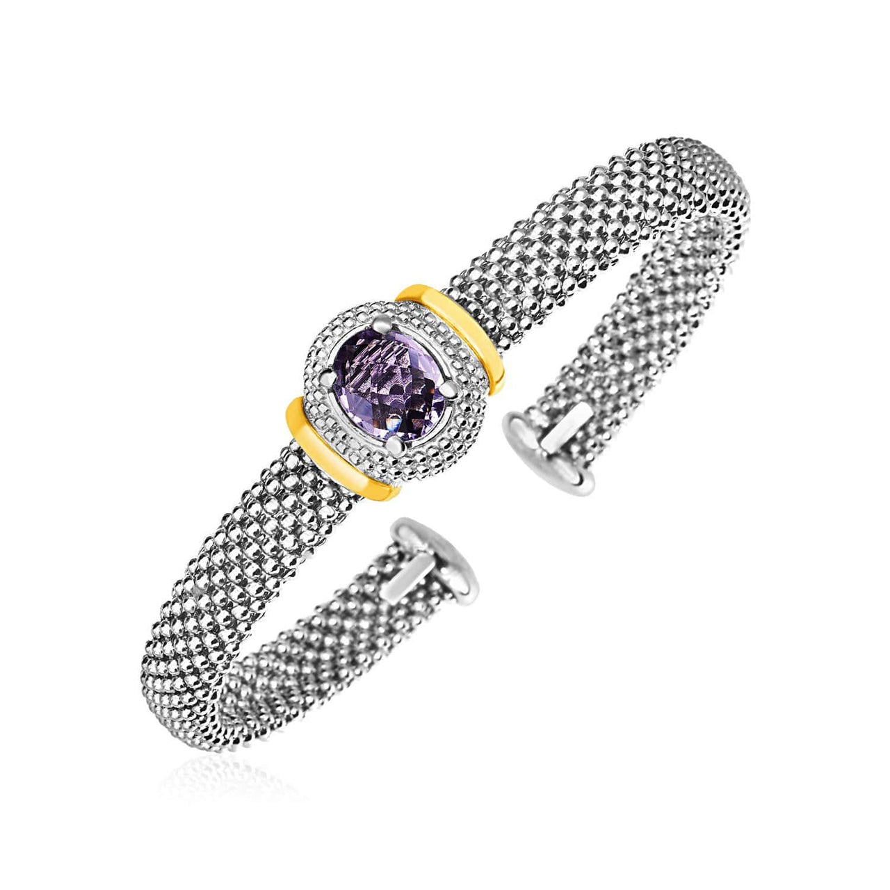 Popcorn Cuff Bangle with Oval Amethyst in Sterling Silver and 18k Yellow Gold Bangles Angelucci Jewelry   