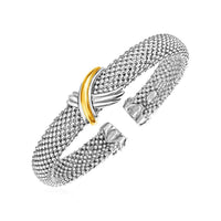 Thumbnail for Popcorn Texture Cuff Bangle with X Motif in Sterling Silver and 18k Yellow Gold Bangles Angelucci Jewelry   