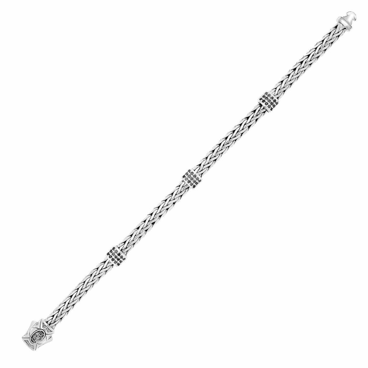 Sterling Silver Black Sapphire Embellished Woven Bracelet Bracelets Angelucci Jewelry   