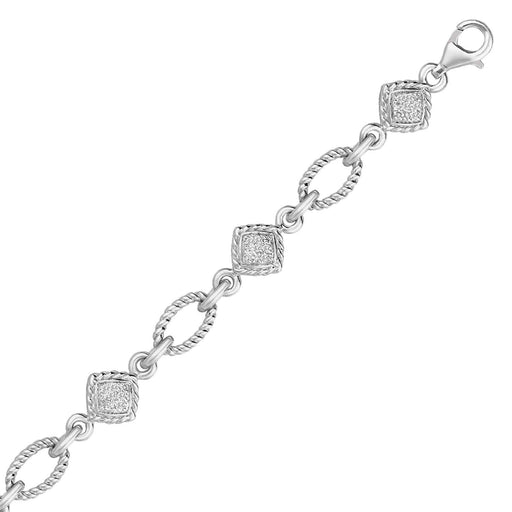 Sterling Silver Cable Oval and Square Link Bracelet with Diamonds (1/4 cttw) Bracelets Angelucci Jewelry   