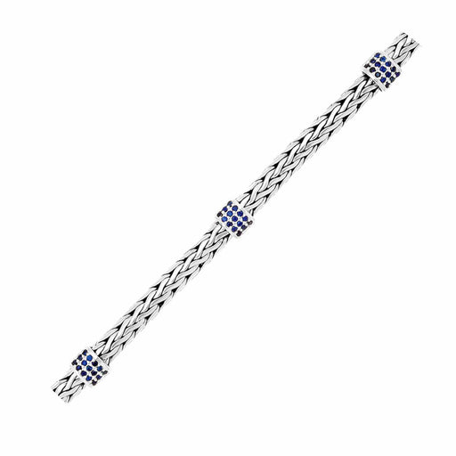 Sterling Silver Woven Bracelet with Blue Sapphire Stations Bracelets Angelucci Jewelry   