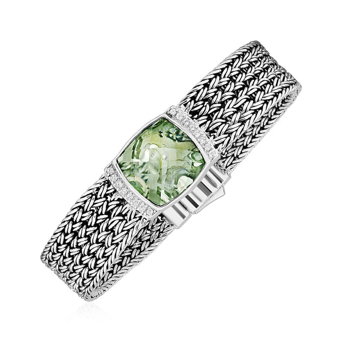 Wide Woven Bracelet with Green Amethyst and White Sapphires in Sterling Silver Bracelets Angelucci Jewelry   