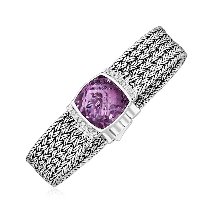 Wide Woven Bracelet with Pink Amethyst and White Sapphires in Sterling Silver Bracelets Angelucci Jewelry   