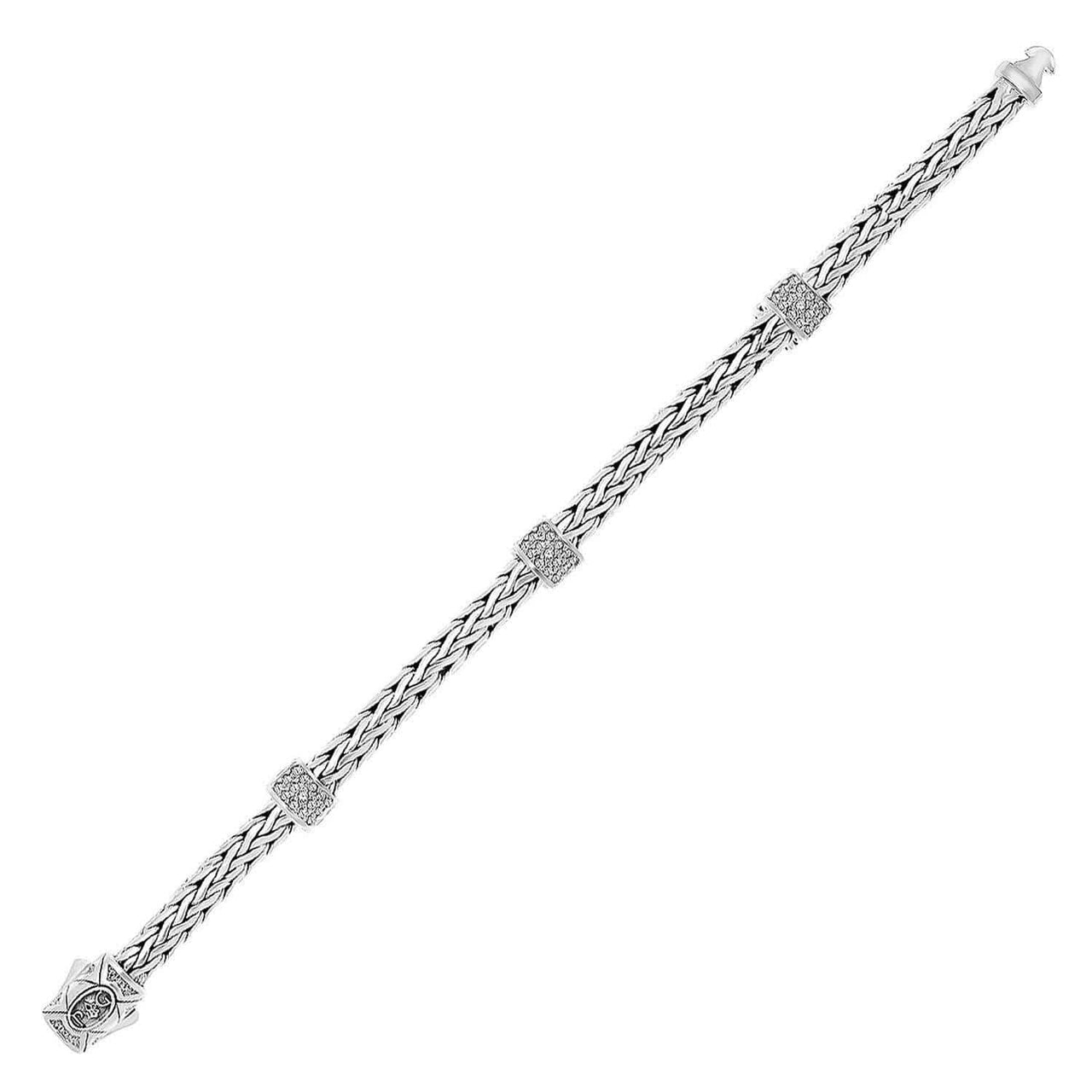 Sterling Silver Woven Bracelet with White Sapphire Accented Stations Bracelets Angelucci Jewelry   