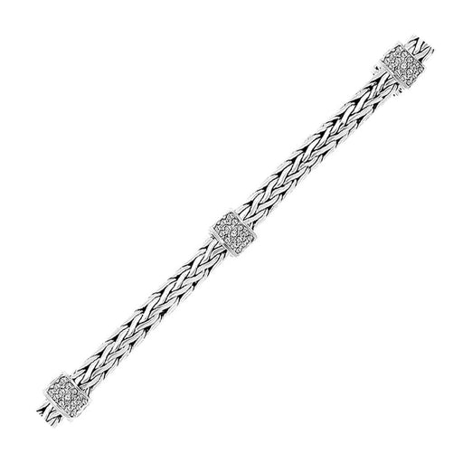 Sterling Silver Woven Bracelet with White Sapphire Accented Stations Bracelets Angelucci Jewelry   