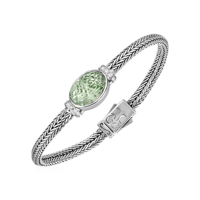 Woven Rope Bracelet with Green Amethyst and White Sapphires in Sterling Silver Bracelets Angelucci Jewelry   