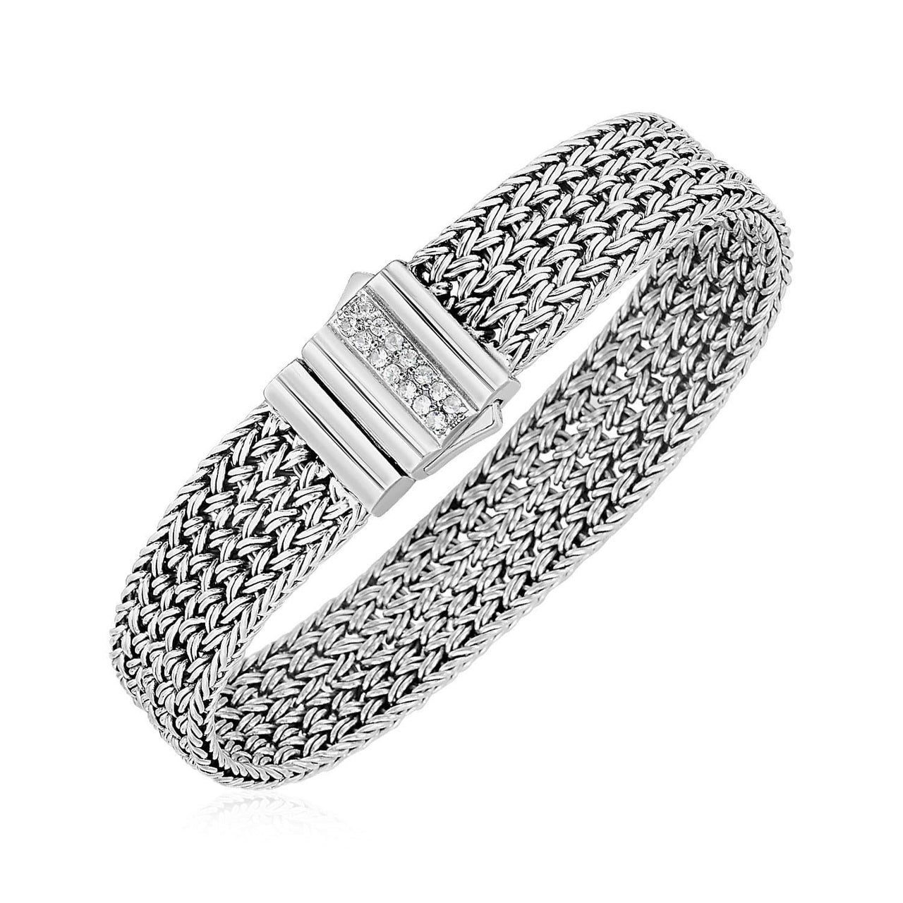 Woven Rope Bracelet with White Sapphire Accented Clasp in Sterling Silver Bracelets Angelucci Jewelry   