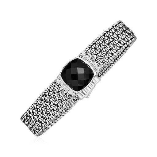 Wide Woven Bracelet with Black Onyx and White Sapphires in Sterling Silver Bracelets Angelucci Jewelry   