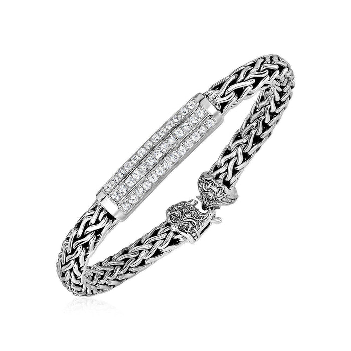 Wide Woven Rope Bracelet with White Sapphire Accents in Sterling Silver Bracelets Angelucci Jewelry   