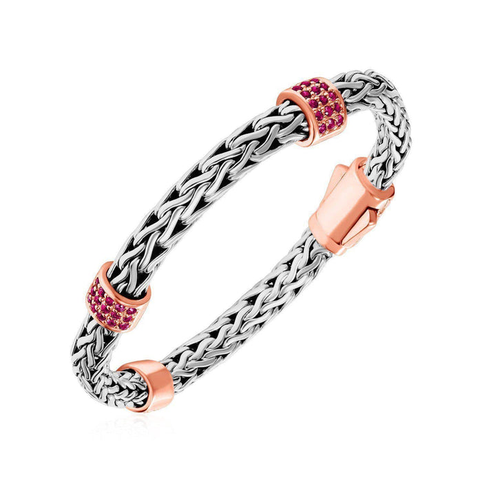 Woven Bracelet with Rose Finish Accents and Pink Sapphires in Sterling Silver Bracelets Angelucci Jewelry   
