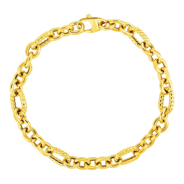 Shiny and Textured Oval Link Bracelet in 14k Yellow Gold Bracelets Angelucci Jewelry   