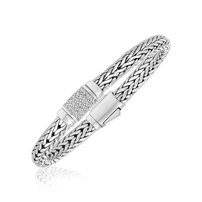 Sterling Silver Weave Motif Bracelet with White Sapphire Accents Bracelets Angelucci Jewelry   