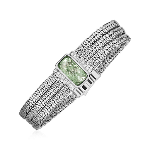 Three Strand Bracelet with Green Amethyst and White Sapphires in Sterling Silver Bracelets Angelucci Jewelry   