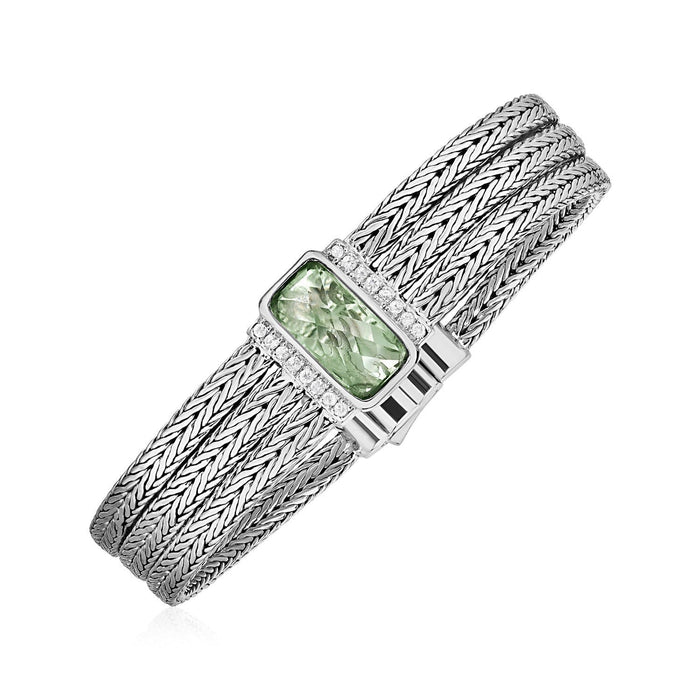 Three Strand Bracelet with Green Amethyst and White Sapphires in Sterling Silver Bracelets Angelucci Jewelry   