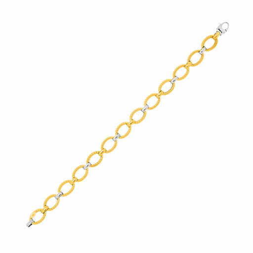 14k Two-Tone Gold Chain Bracelet with Textured Oval Links Bracelets Angelucci Jewelry   