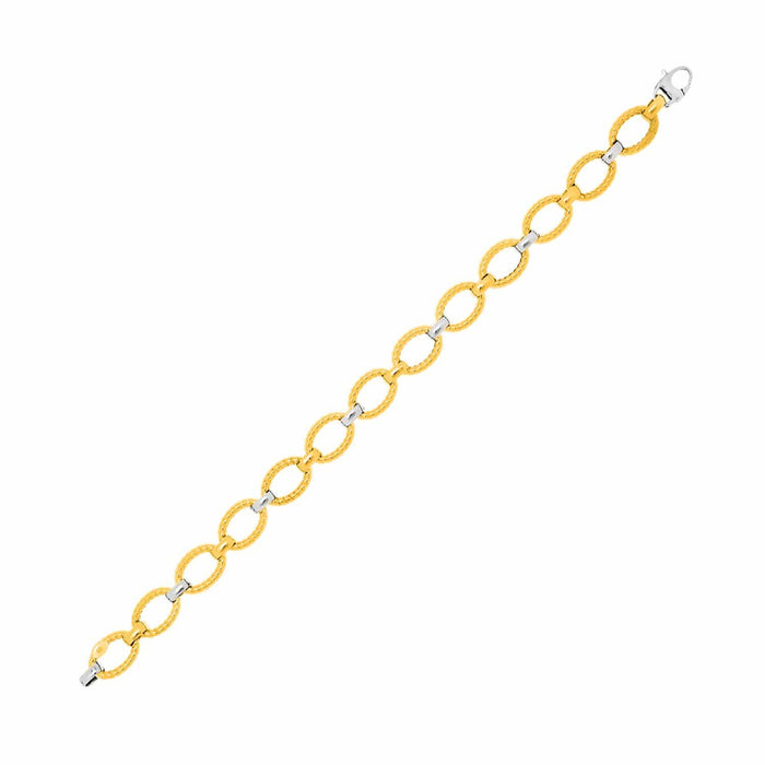 14k Two-Tone Gold Chain Bracelet with Textured Oval Links Bracelets Angelucci Jewelry   