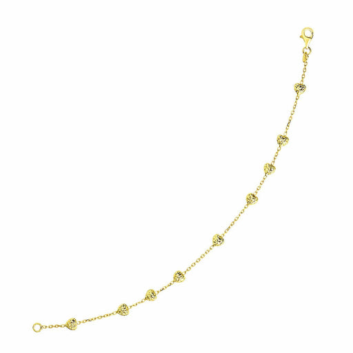14k Yellow Gold Chain Bracelet with Puffed Diamond Cut Heart Stations Bracelets Angelucci Jewelry   