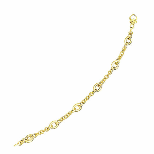 14k Yellow Gold Oval and Round Link Textured Chain Bracelet Bracelets Angelucci Jewelry   