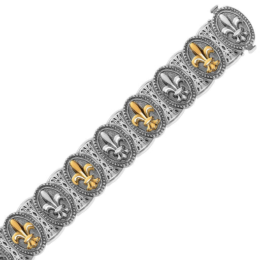 18k Yellow Gold and Sterling Silver Fleur De Lis Motif Fancy Bracelet Bracelets Angelucci Jewelry   