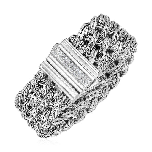 Double Woven Bracelet with White Sapphire Accented Clasp in Sterling Silver Bracelets Angelucci Jewelry   