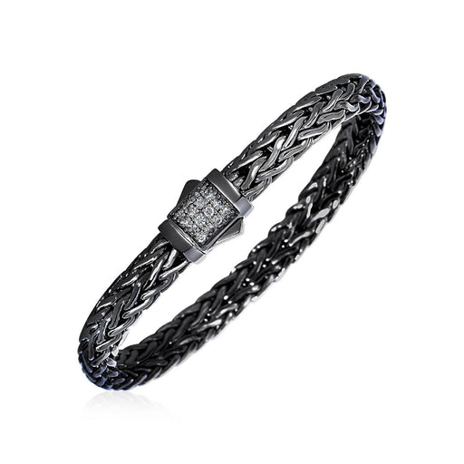 Woven Rope Bracelet with White Sapphire and Black Finish in Sterling Silver Bracelets Angelucci Jewelry   