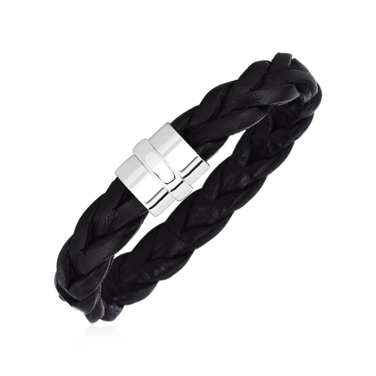 Wide Braided Black Leather Bracelet with Sterling Silver Clasp Bracelets Angelucci Jewelry   