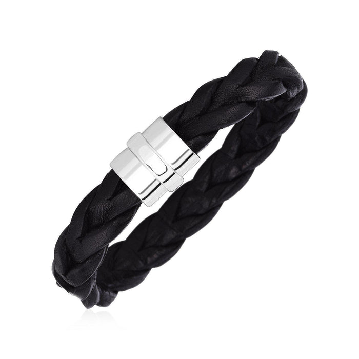Wide Braided Black Leather Bracelet with Sterling Silver Clasp Bracelets Angelucci Jewelry   