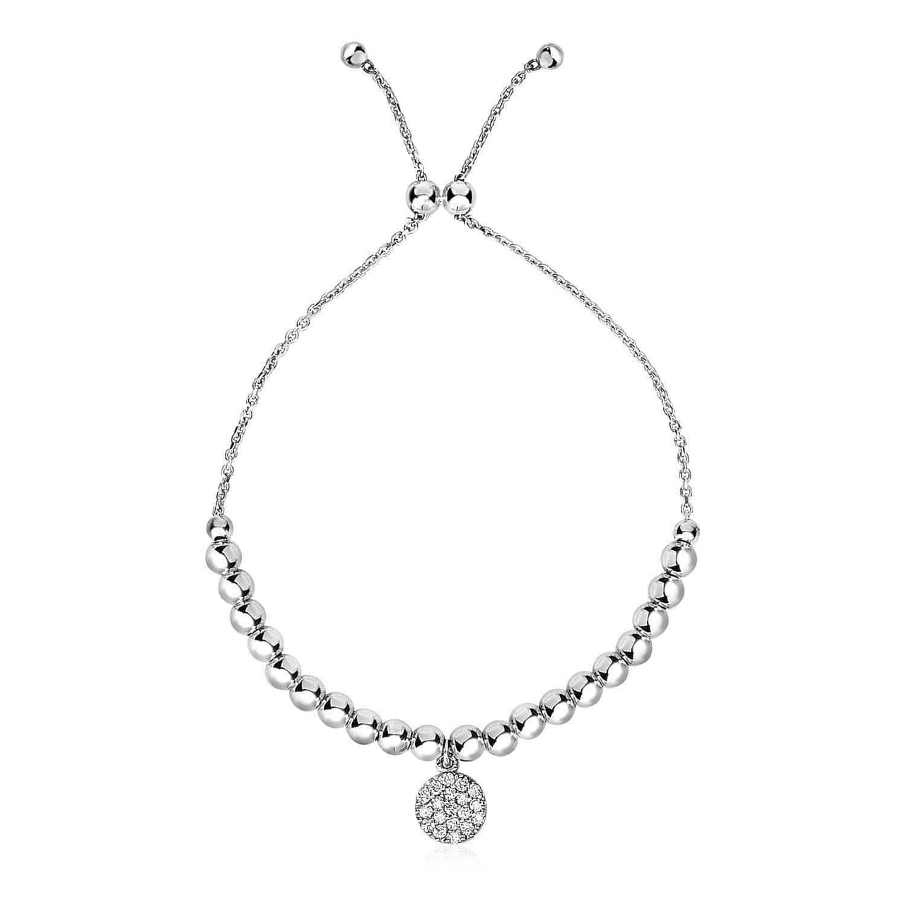 Adjustable Bead Bracelet with Round Charm and Cubic Zirconias in Sterling Silver Bracelets Angelucci Jewelry   