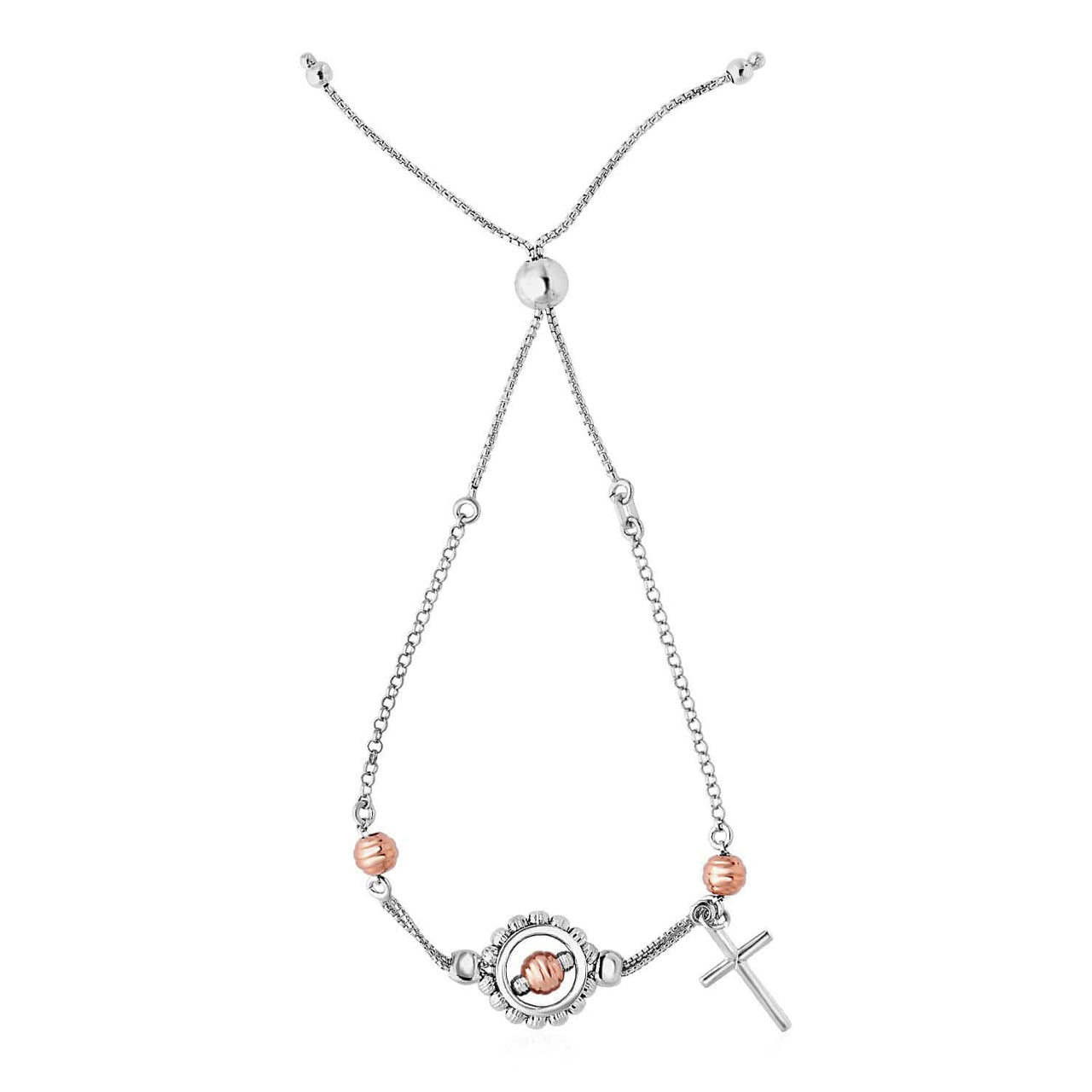 Adjustable Bracelet with Cross and Rose Finish Beads in Sterling Silver Bracelets Angelucci Jewelry   