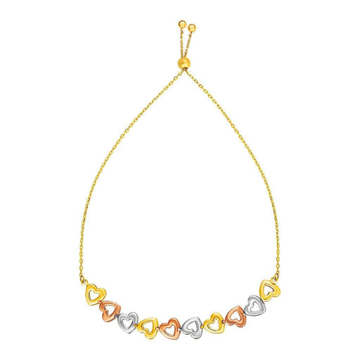 Adjustable Bracelet with Shiny Open Hearts in 14k Tri Color Gold Bracelets Angelucci Jewelry   