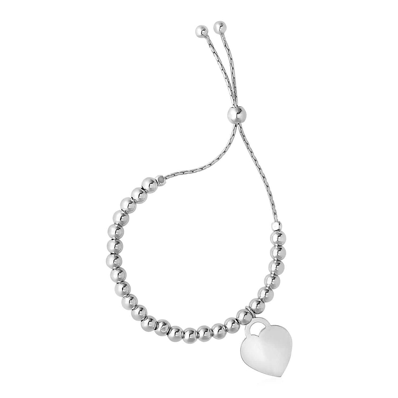Adjustable Shiny Bead Bracelet with Heart Charm in Sterling Silver Bracelets Angelucci Jewelry   