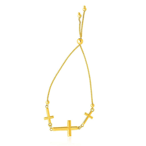 14k Yellow Gold Adjustable Bracelet with Three Crosses Bracelets Angelucci Jewelry   
