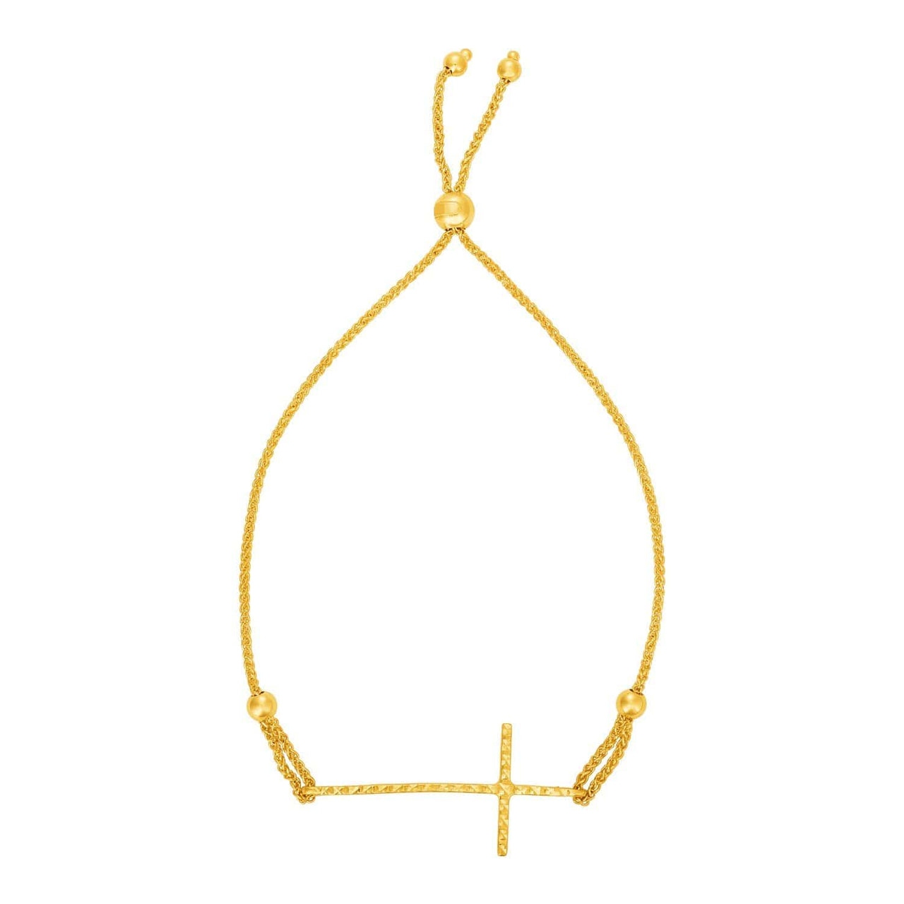 Adjustable Bracelet with Textured Cross in 14k Yellow Gold Bracelets Angelucci Jewelry   