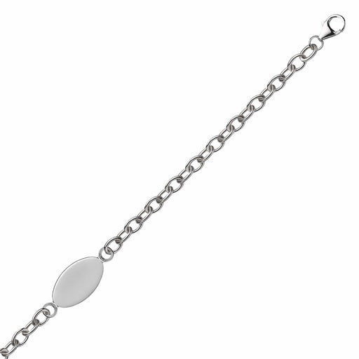 Sterling Silver Rhodium Plated Chain Bracelet with a Flat Oval Station Bracelets Angelucci Jewelry   
