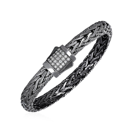 Wide Woven Bracelet with White Sapphires and Black Finish in Sterling Silver Bracelets Angelucci Jewelry   