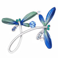 Thumbnail for Silvertone Hand Painted Blue Enamel Crystal Accented Flying Dragonflies Brooch Brooches JGI   