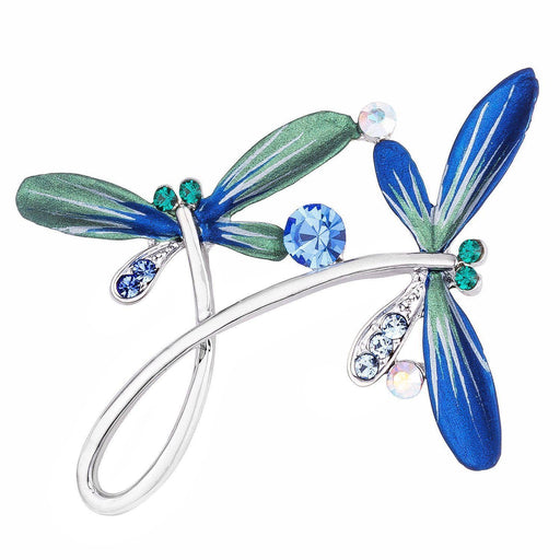 Silvertone Hand Painted Blue Enamel Crystal Accented Flying Dragonflies Brooch Brooches JGI   